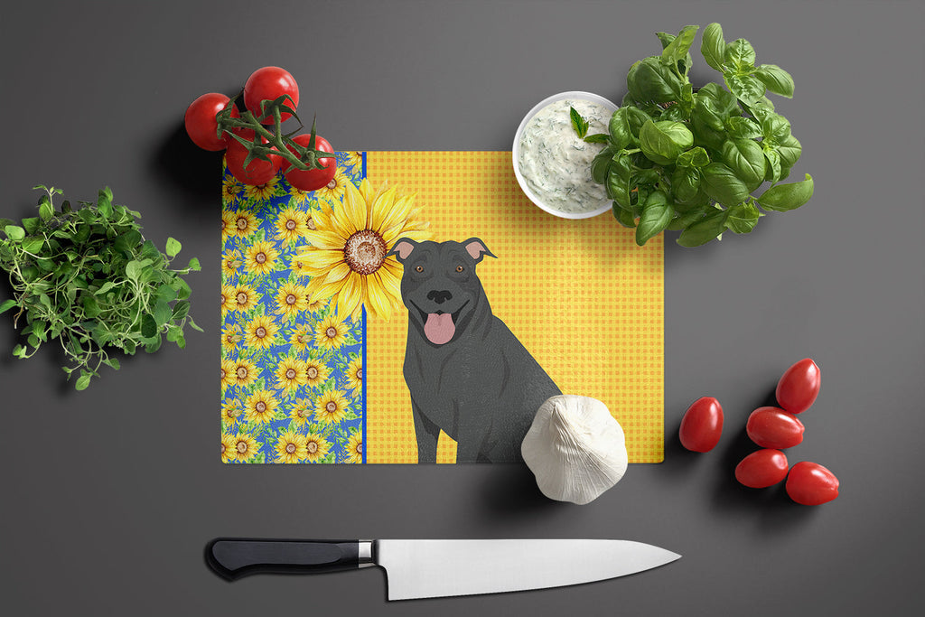 Summer Sunflowers Black Pit Bull Terrier Cutting Board Tempered Glass Kitchen Cutting Surface, Heat Resistant Chopping, Non-Slip Feet, Food Prep & Serving