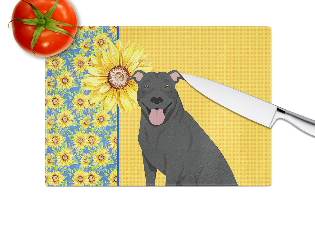 Summer Sunflowers Black Pit Bull Terrier Cutting Board Tempered Glass Kitchen Cutting Surface, Heat Resistant Chopping, Non-Slip Feet, Food Prep & Serving