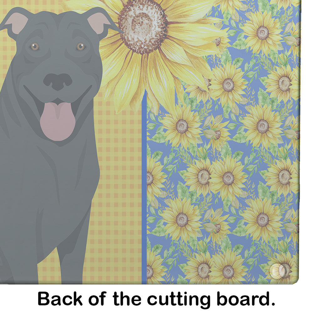 Summer Sunflowers Black Pit Bull Terrier Cutting Board Tempered Glass Kitchen Cutting Surface, Heat Resistant Chopping, Non-Slip Feet, Food Prep & Serving