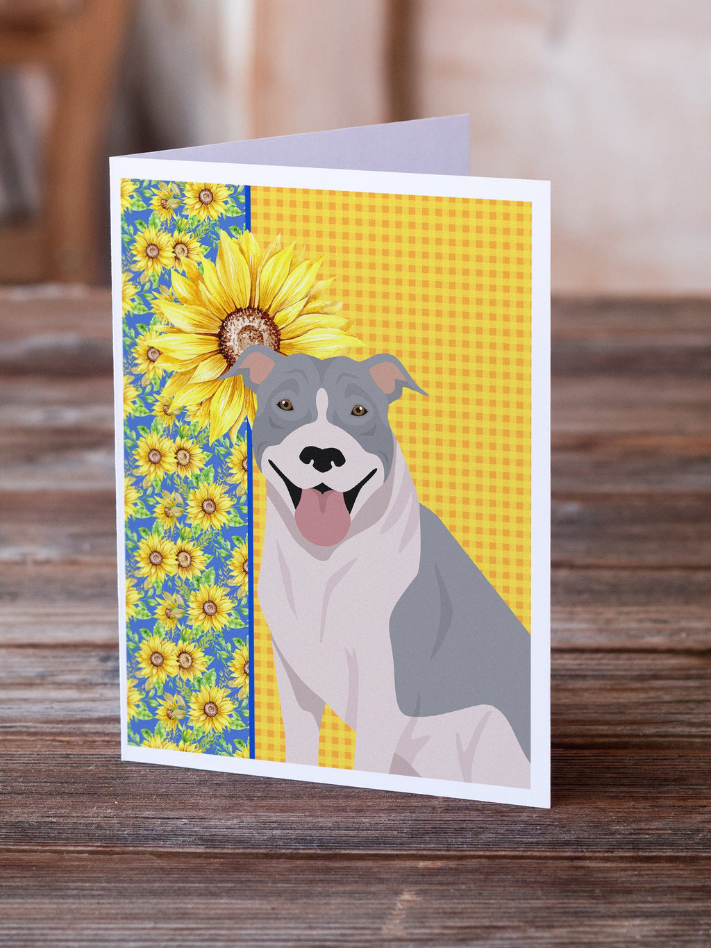 Summer Sunflowers Blue and White Pit Bull Terrier Greeting Cards Pack of 8 Blank Cards with Envelopes Whimsical A7 Size 5x7