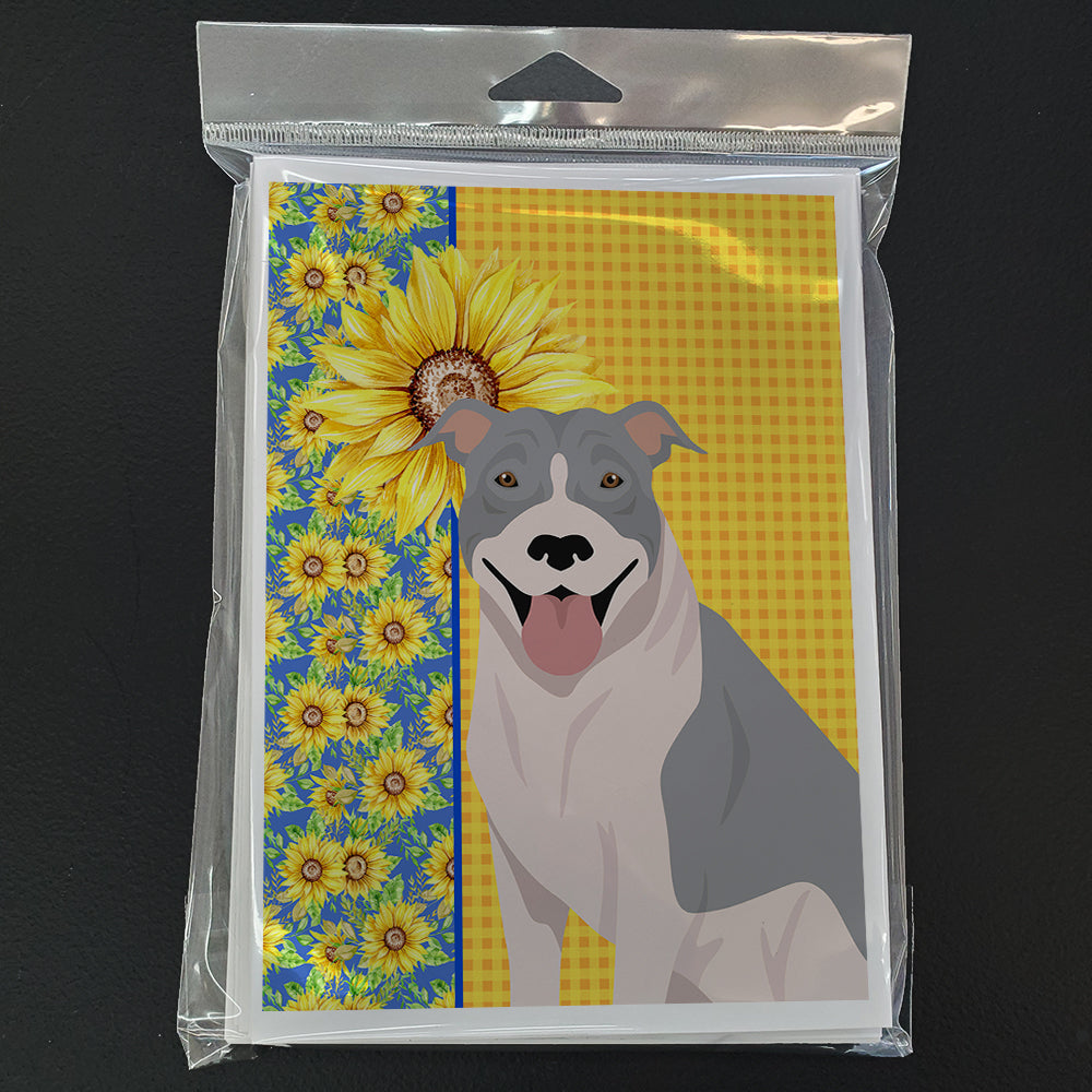 Summer Sunflowers Blue and White Pit Bull Terrier Greeting Cards Pack of 8 Blank Cards with Envelopes Whimsical A7 Size 5x7