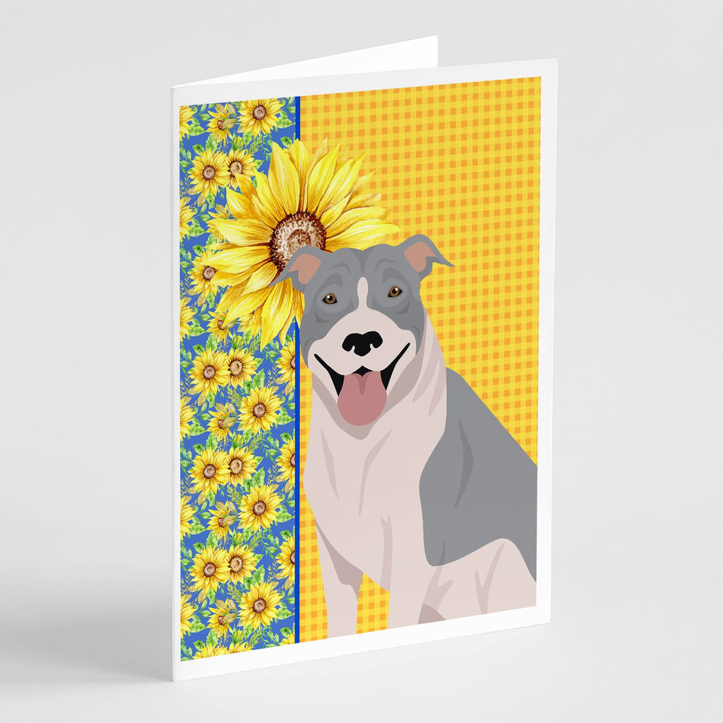 Summer Sunflowers Blue and White Pit Bull Terrier Greeting Cards Pack of 8 Blank Cards with Envelopes Whimsical A7 Size 5x7