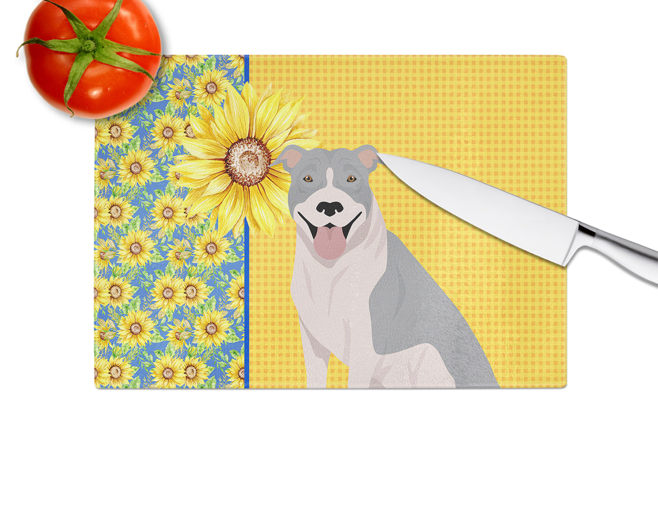 Summer Sunflowers Blue and White Pit Bull Terrier Cutting Board Tempered Glass Kitchen Cutting Surface, Heat Resistant Chopping, Non-Slip Feet, Food Prep & Serving