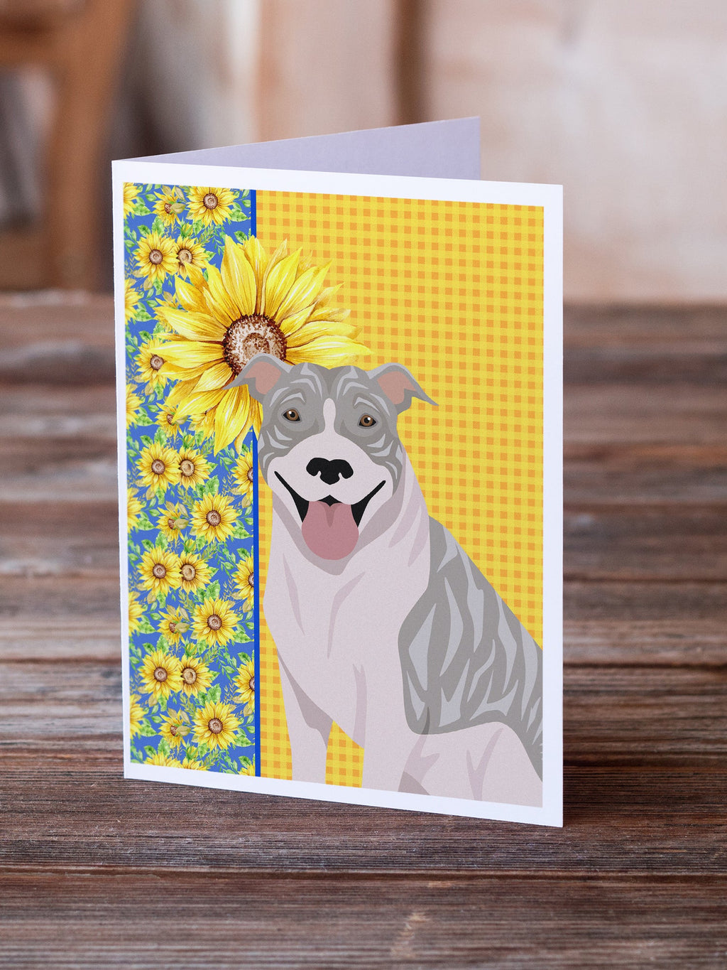 Summer Sunflowers Blue Brindle Pit Bull Terrier Greeting Cards Pack of 8 Blank Cards with Envelopes Whimsical A7 Size 5x7