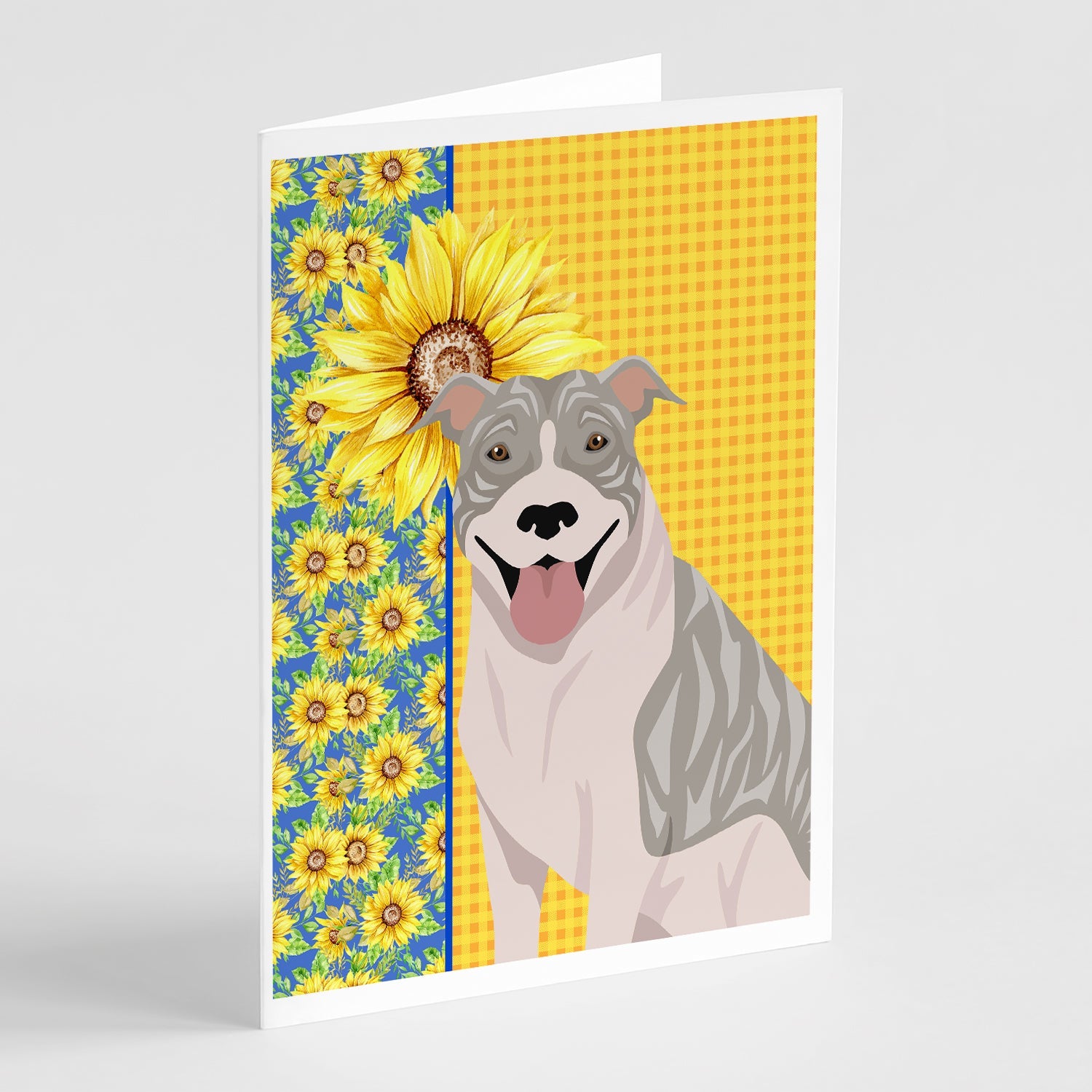 Summer Sunflowers Blue Brindle Pit Bull Terrier Greeting Cards Pack of 8 Blank Cards with Envelopes Whimsical A7 Size 5x7
