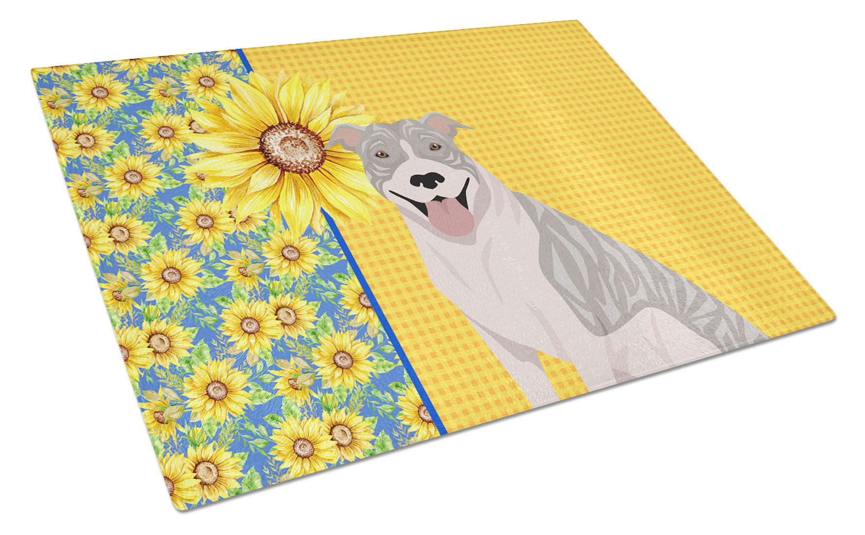 Summer Sunflowers Blue Brindle Pit Bull Terrier Cutting Board Tempered Glass Kitchen Cutting Surface, Heat Resistant Chopping, Non-Slip Feet, Food Prep & Serving