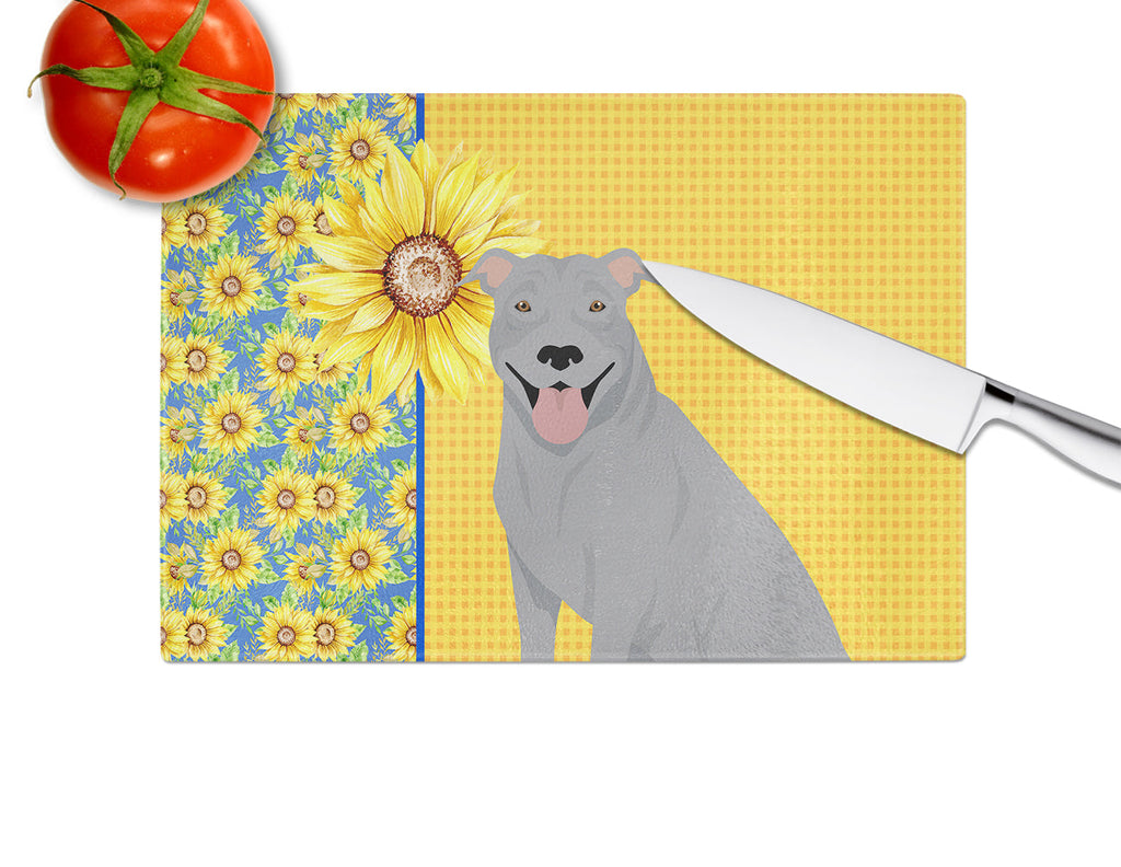 Summer Sunflowers Blue Pit Bull Terrier Cutting Board Tempered Glass Kitchen Cutting Surface, Heat Resistant Chopping, Non-Slip Feet, Food Prep & Serving