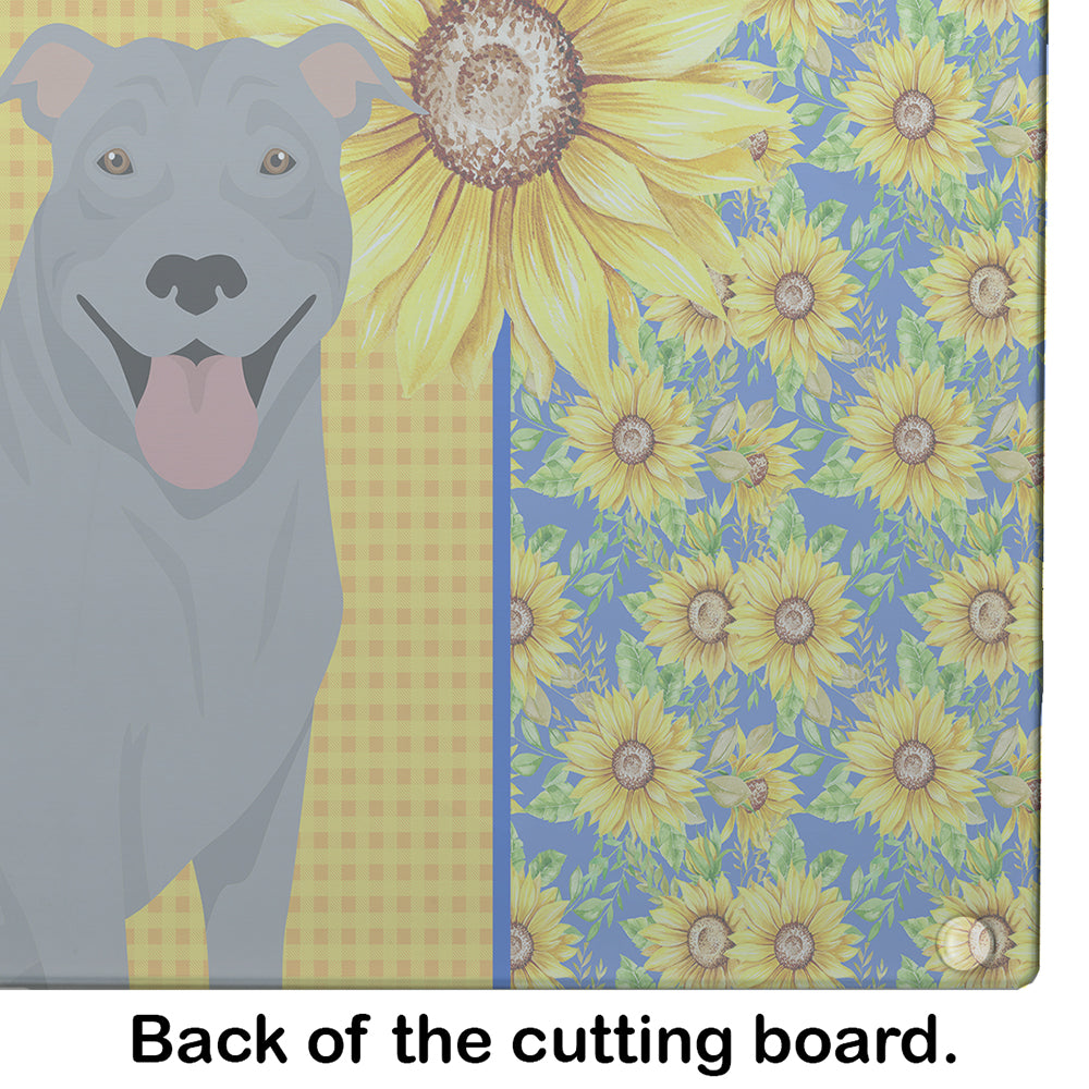 Summer Sunflowers Blue Pit Bull Terrier Cutting Board Tempered Glass Kitchen Cutting Surface, Heat Resistant Chopping, Non-Slip Feet, Food Prep & Serving