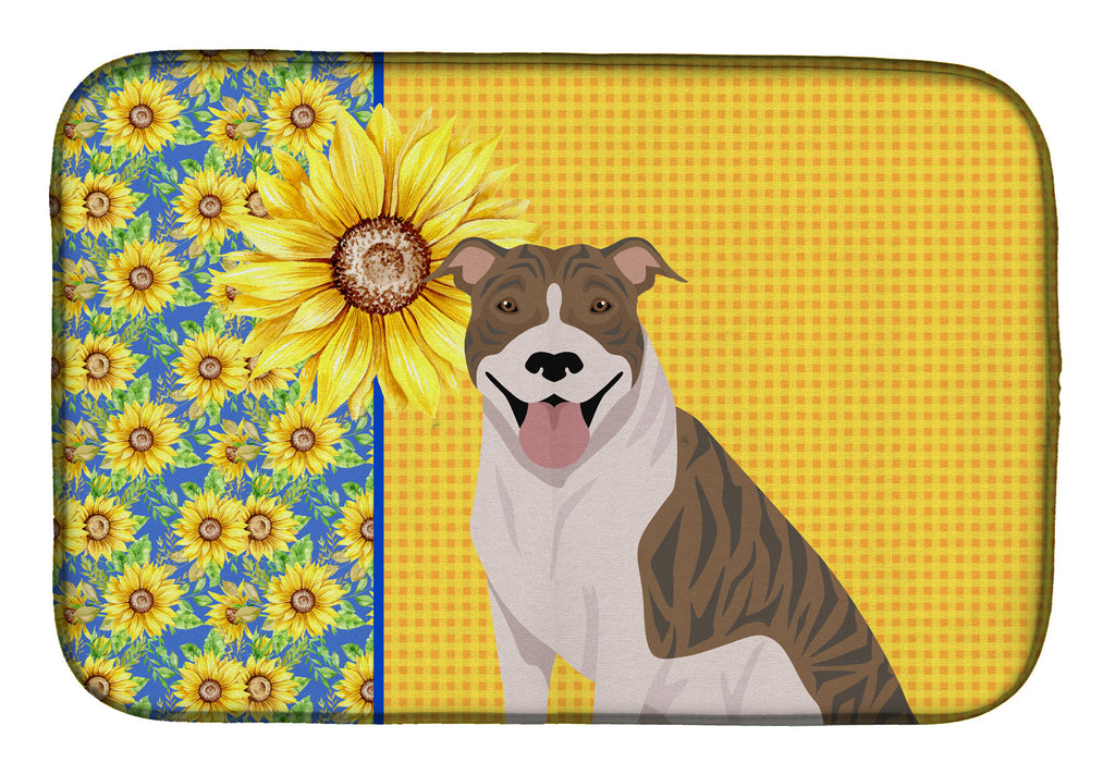 Summer Sunflowers Fawn Brindle Pit Bull Terrier Dish Drying Mat Absorbent Dish Drying Mat Pad for Kitchen Counter Dish Drainer Mat for Countertop, 14 x 21", Multicolor