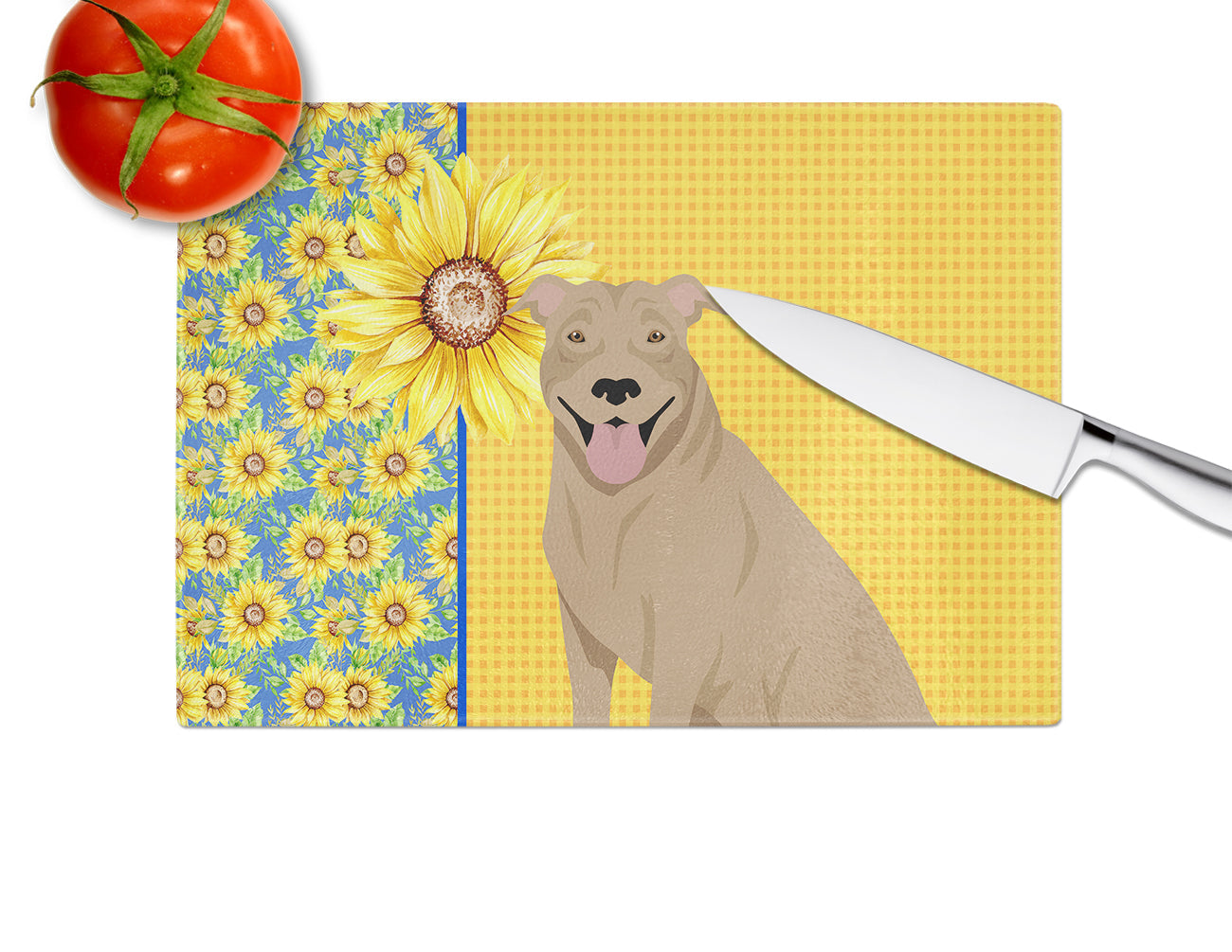 Summer Sunflowers Fawn Pit Bull Terrier Cutting Board Tempered Glass Kitchen Cutting Surface, Heat Resistant Chopping, Non-Slip Feet, Food Prep & Serving