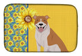 Summer Sunflowers Red and White Pit Bull Terrier Dish Drying Mat Absorbent Dish Drying Mat Pad for Kitchen Counter Dish Drainer Mat for Countertop, 14 x 21", Multicolor
