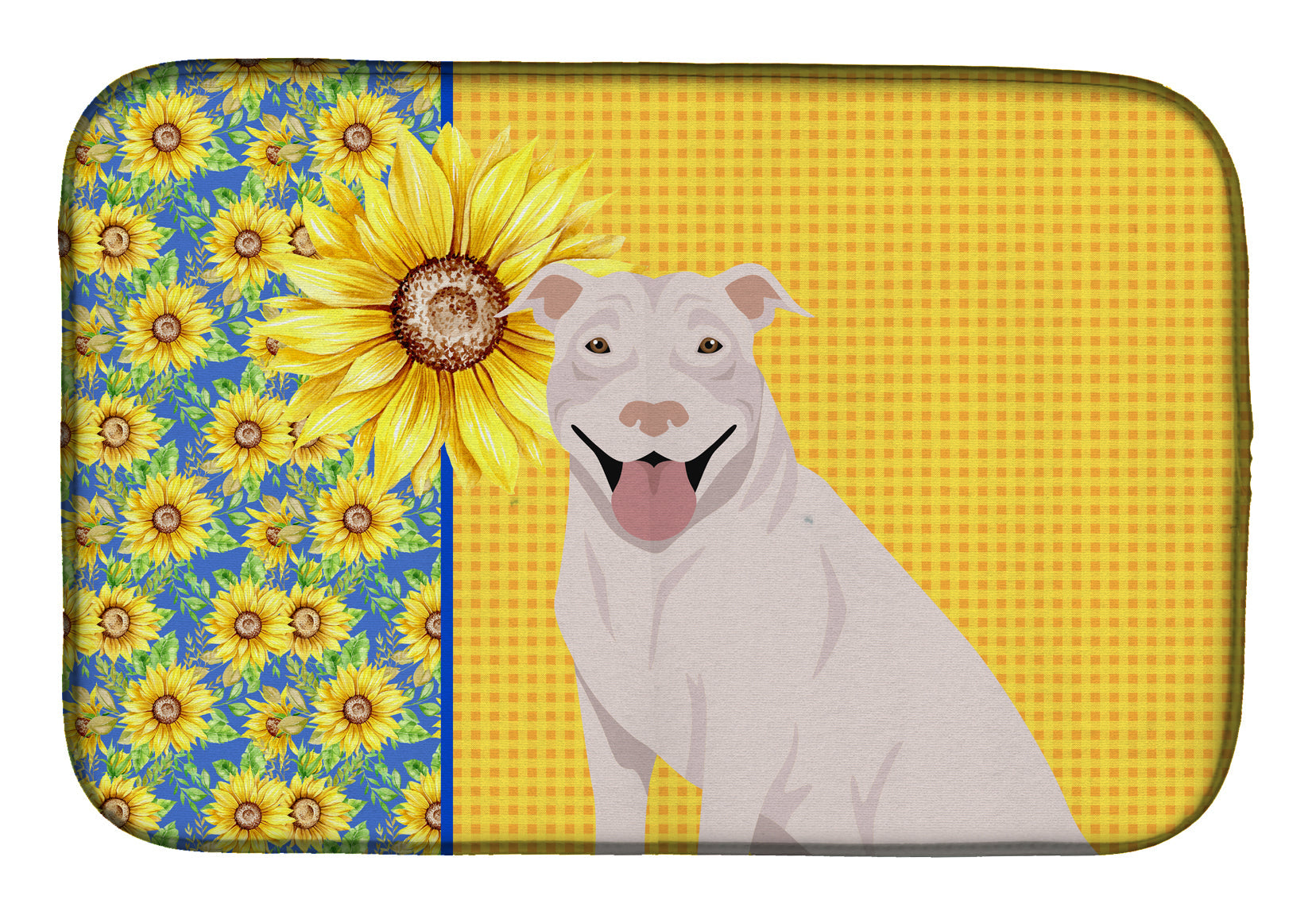 Summer Sunflowers White Pit Bull Terrier Dish Drying Mat Absorbent Dish Drying Mat Pad for Kitchen Counter Dish Drainer Mat for Countertop, 14 x 21", Multicolor
