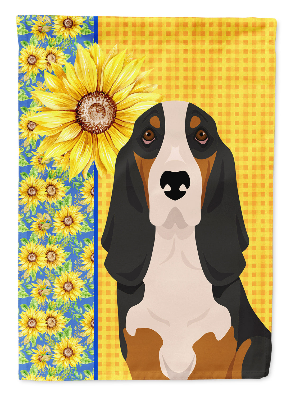 Summer Sunflowers Black Tricolor Basset Hound House Flag 28x40 Porch Sleeve Pole Decorative Outside Yard Banner Artwork Wall Hanging, Polyester