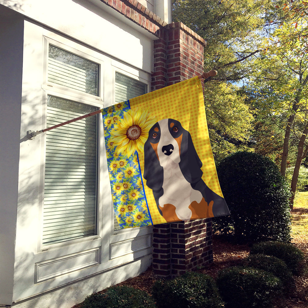 Summer Sunflowers Black Tricolor Basset Hound House Flag 28x40 Porch Sleeve Pole Decorative Outside Yard Banner Artwork Wall Hanging, Polyester