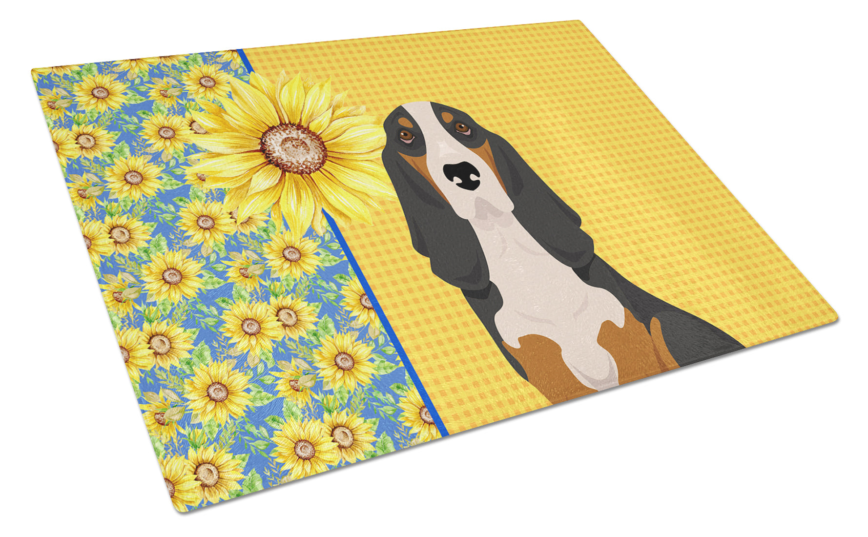 Summer Sunflowers Black Tricolor Basset Hound Cutting Board Tempered Glass Kitchen Cutting Surface, Heat Resistant Chopping, Non-Slip Feet, Food Prep & Serving