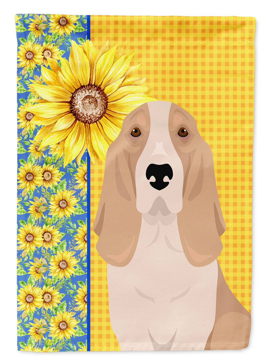 Summer Sunflowers Lemon and White Tricolor Basset Hound House Flag 28x40 Porch Sleeve Pole Decorative Outside Yard Banner Artwork Wall Hanging, Polyester