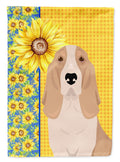 Summer Sunflowers Lemon and White Tricolor Basset Hound House Flag 28x40 Porch Sleeve Pole Decorative Outside Yard Banner Artwork Wall Hanging, Polyester