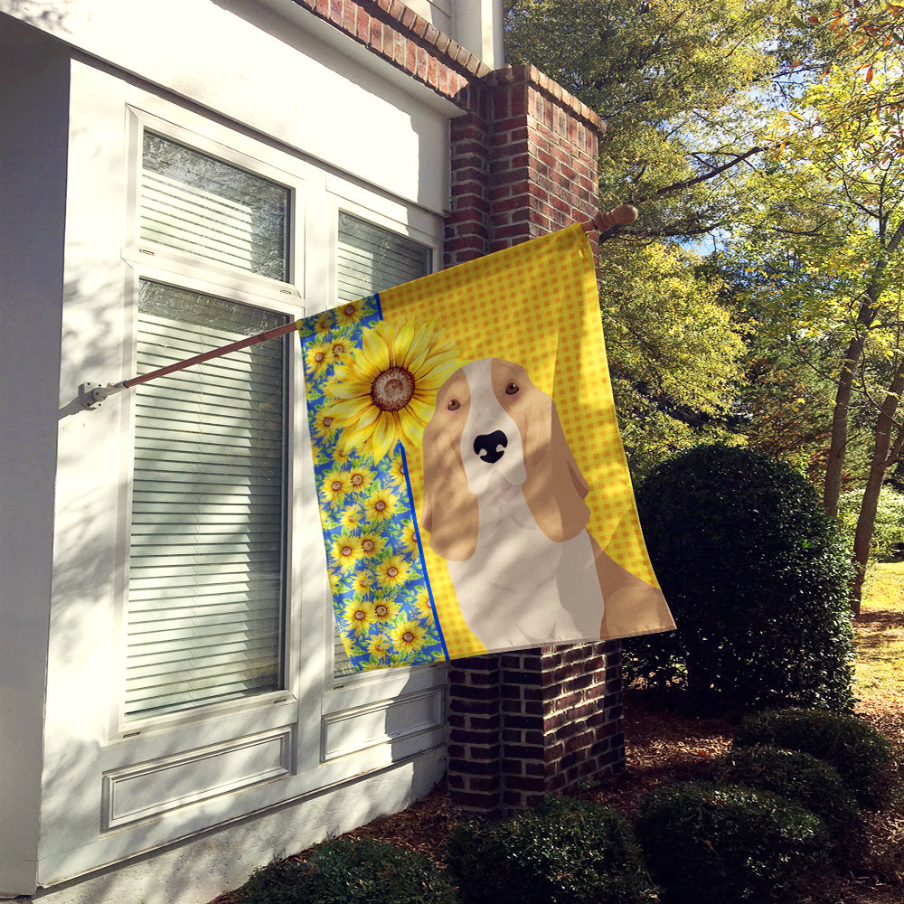 Summer Sunflowers Lemon and White Tricolor Basset Hound House Flag 28x40 Porch Sleeve Pole Decorative Outside Yard Banner Artwork Wall Hanging, Polyester