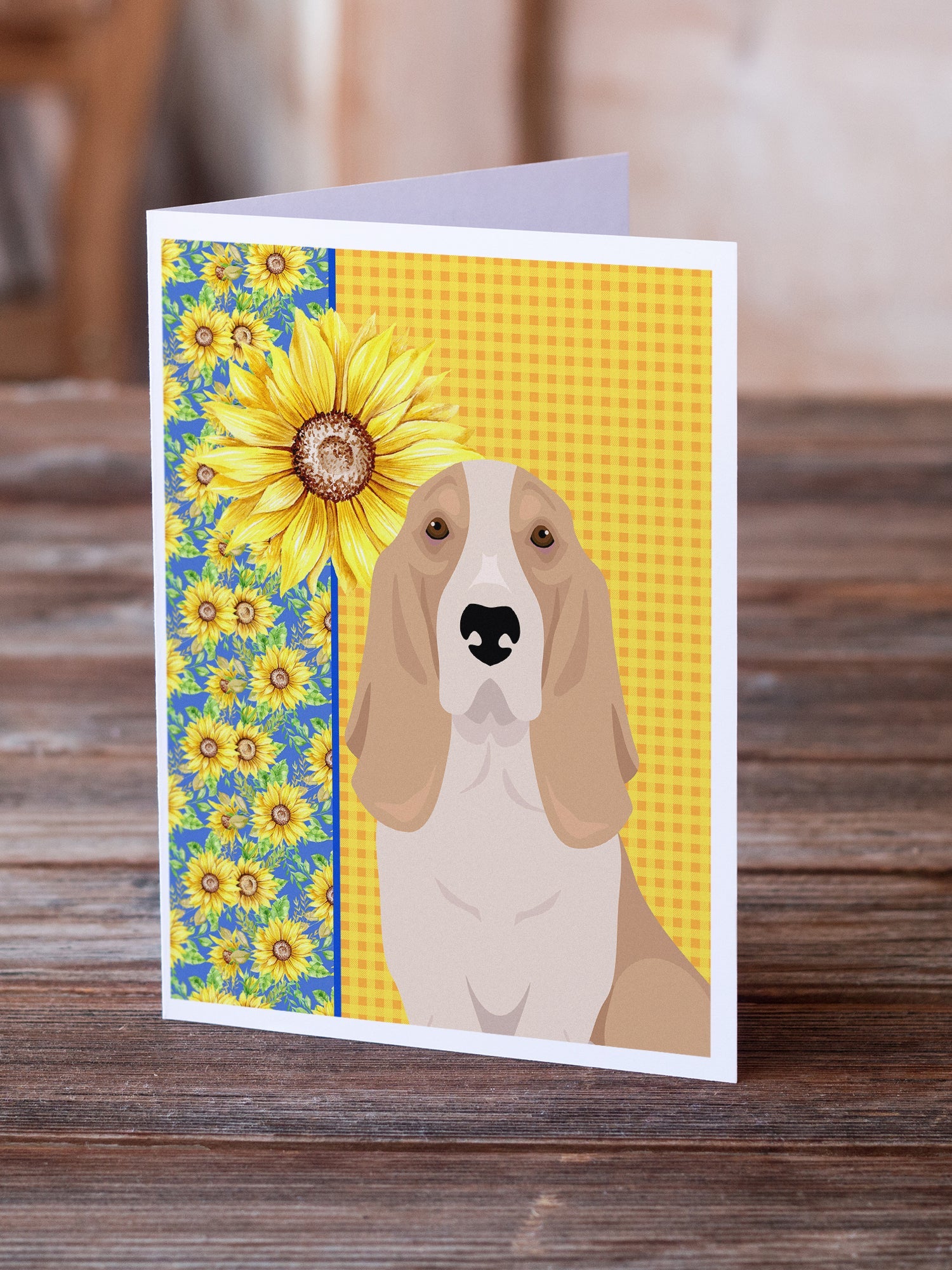 Summer Sunflowers Lemon and White Tricolor Basset Hound Greeting Cards Pack of 8 Blank Cards with Envelopes Whimsical A7 Size 5x7