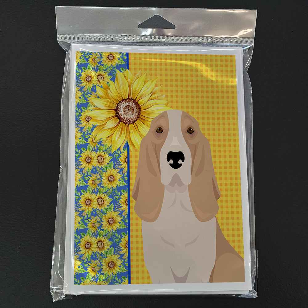 Summer Sunflowers Lemon and White Tricolor Basset Hound Greeting Cards Pack of 8 Blank Cards with Envelopes Whimsical A7 Size 5x7