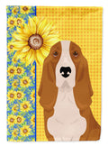 Summer Sunflowers Red and White Tricolor Basset Hound House Flag 28x40 Porch Sleeve Pole Decorative Outside Yard Banner Artwork Wall Hanging, Polyester