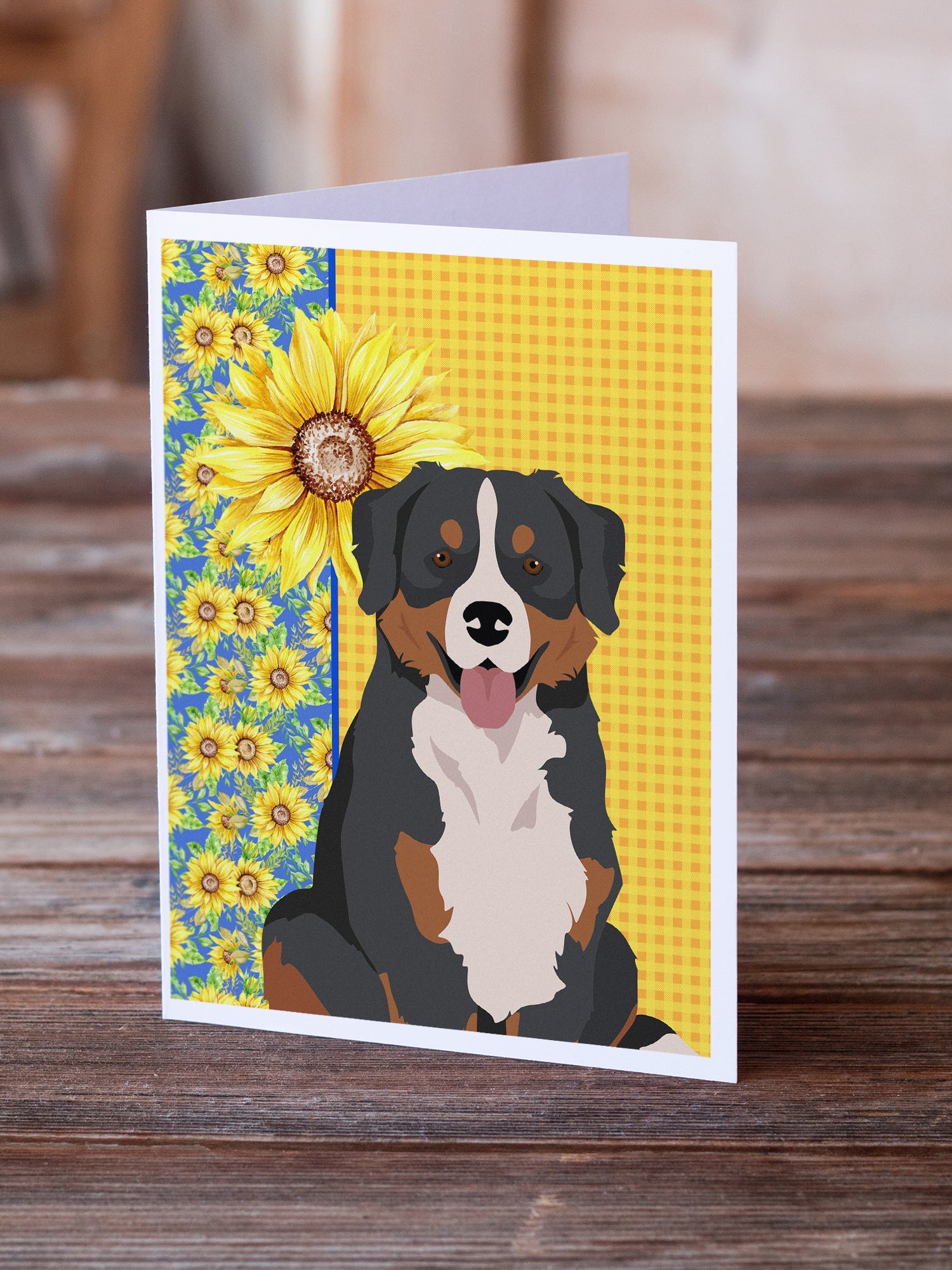 Summer Sunflowers Bernese Mountain Dog Greeting Cards Pack of 8 Blank Cards with Envelopes Whimsical A7 Size 5x7