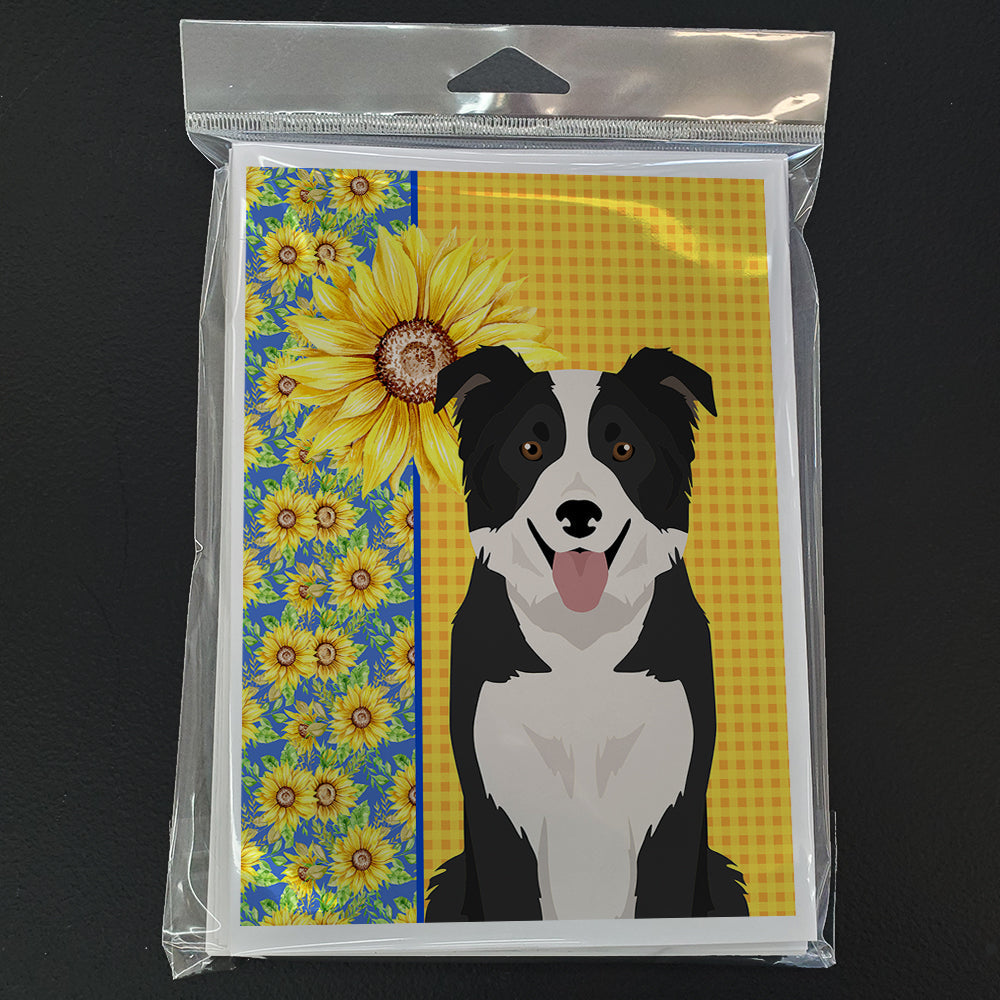 Summer Sunflowers Black and White Border Collie Greeting Cards Pack of 8 Blank Cards with Envelopes Whimsical A7 Size 5x7