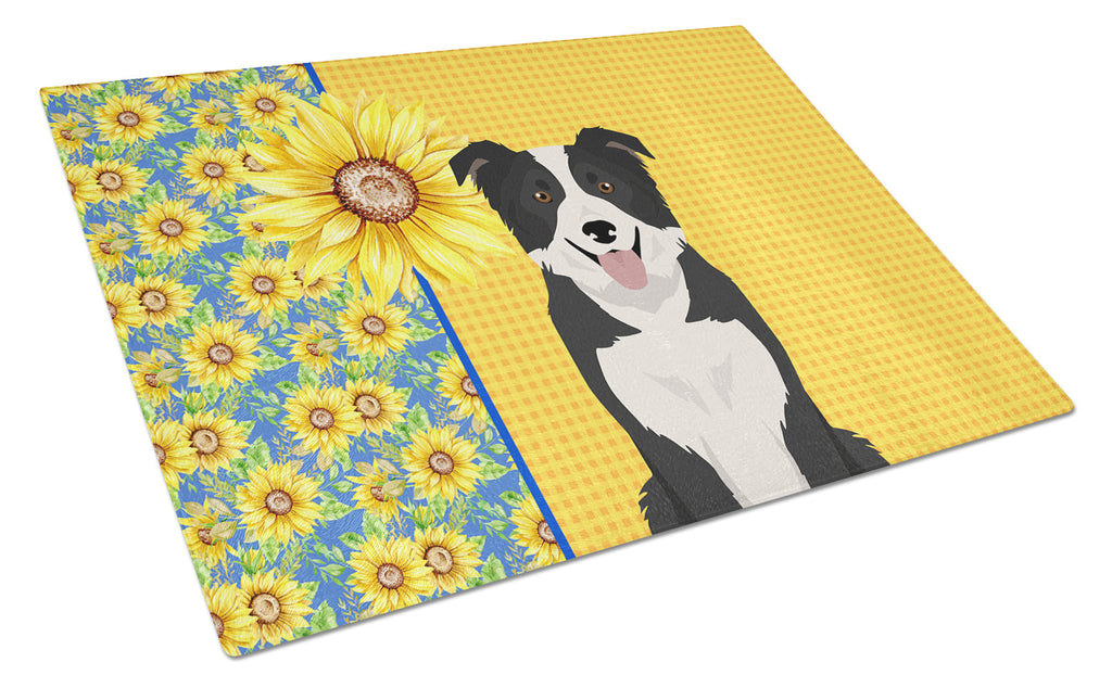 Summer Sunflowers Black and White Border Collie Cutting Board Tempered Glass Kitchen Cutting Surface, Heat Resistant Chopping, Non-Slip Feet, Food Prep & Serving