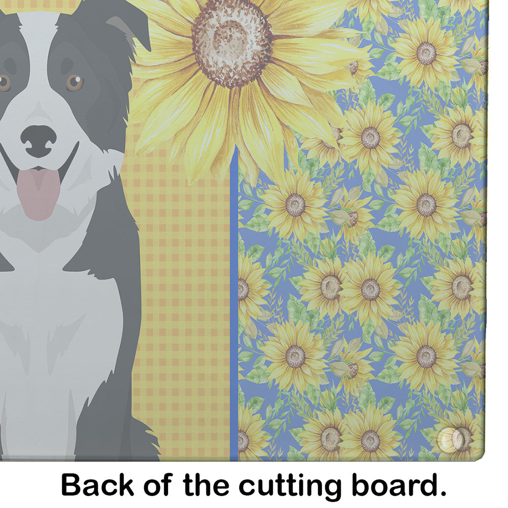 Summer Sunflowers Black and White Border Collie Cutting Board Tempered Glass Kitchen Cutting Surface, Heat Resistant Chopping, Non-Slip Feet, Food Prep & Serving