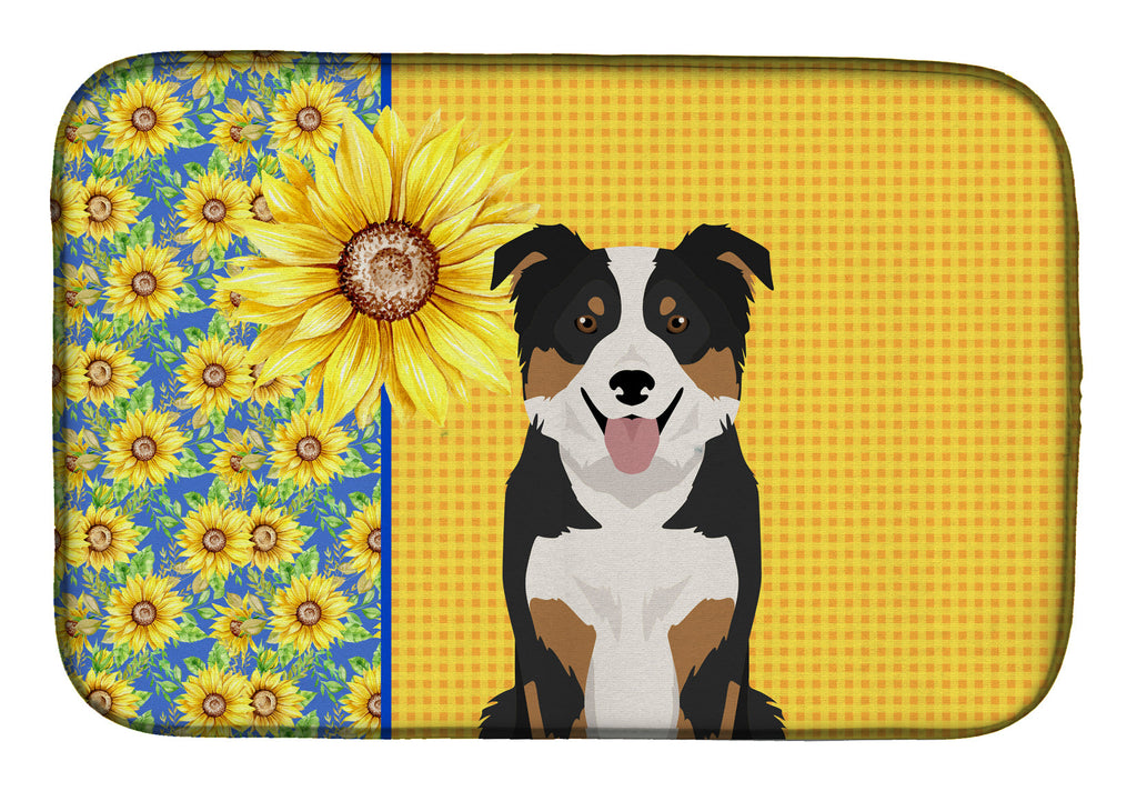 Summer Sunflowers Tricolor Border Collie Dish Drying Mat Absorbent Dish Drying Mat Pad for Kitchen Counter Dish Drainer Mat for Countertop, 14 x 21", Multicolor
