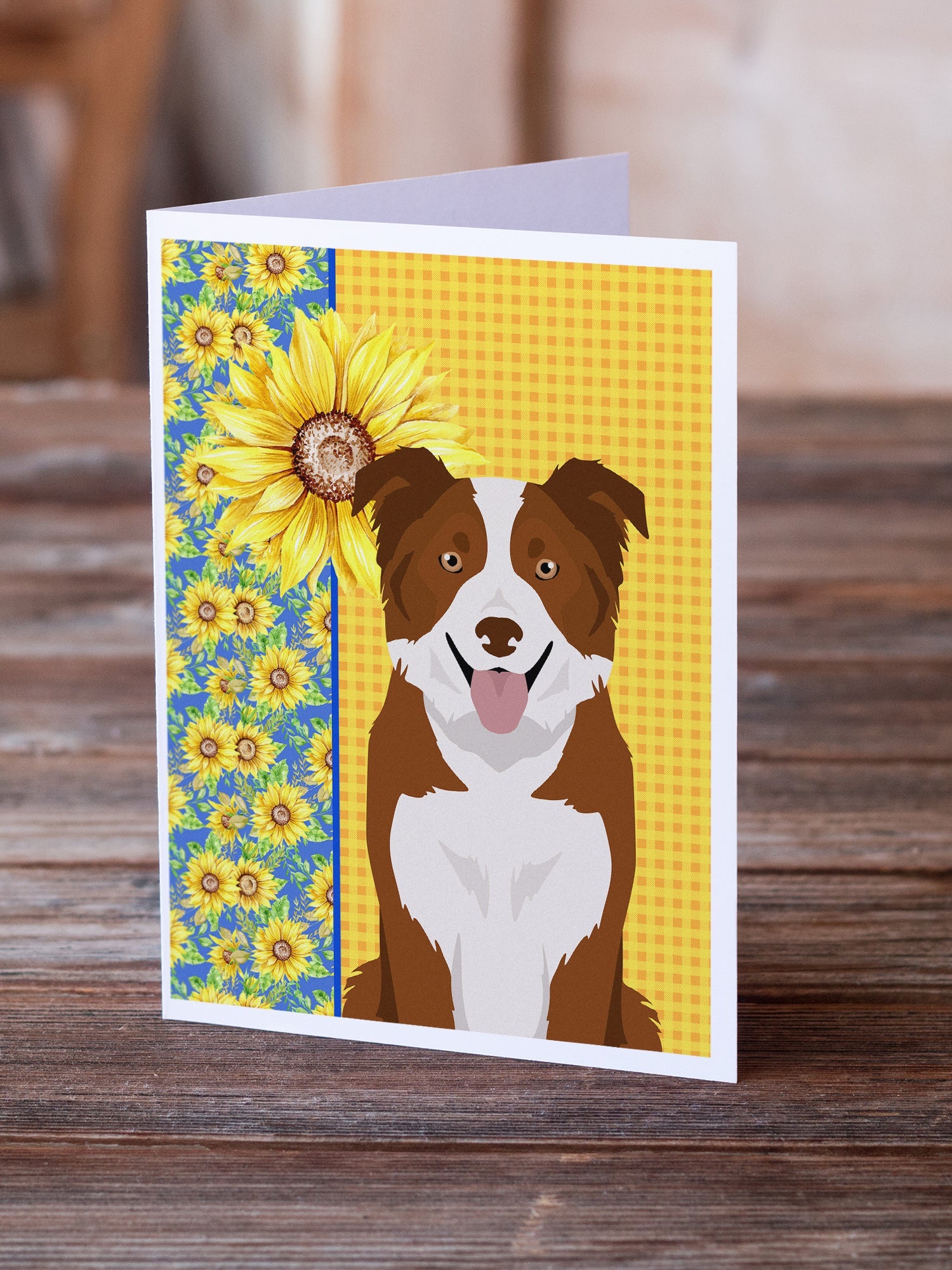 Summer Sunflowers Red and White Border Collie Greeting Cards Pack of 8 Blank Cards with Envelopes Whimsical A7 Size 5x7