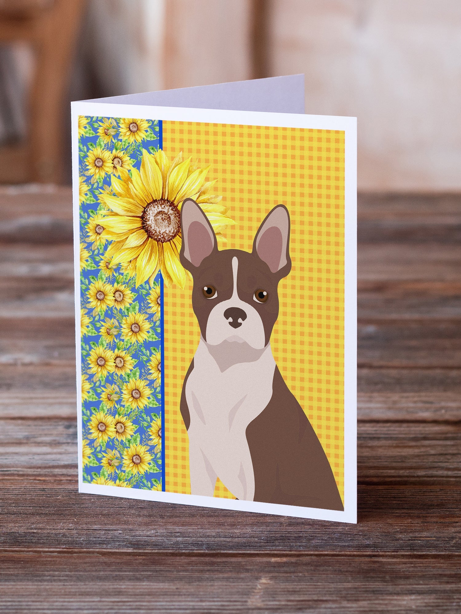 Summer Sunflowers Red Boston Terrier Greeting Cards Pack of 8 Blank Cards with Envelopes Whimsical A7 Size 5x7