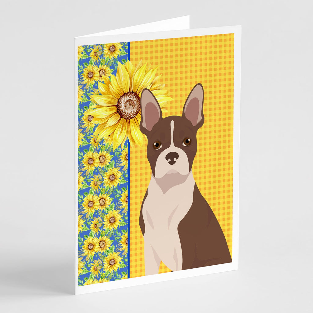 Summer Sunflowers Red Boston Terrier Greeting Cards Pack of 8 Blank Cards with Envelopes Whimsical A7 Size 5x7