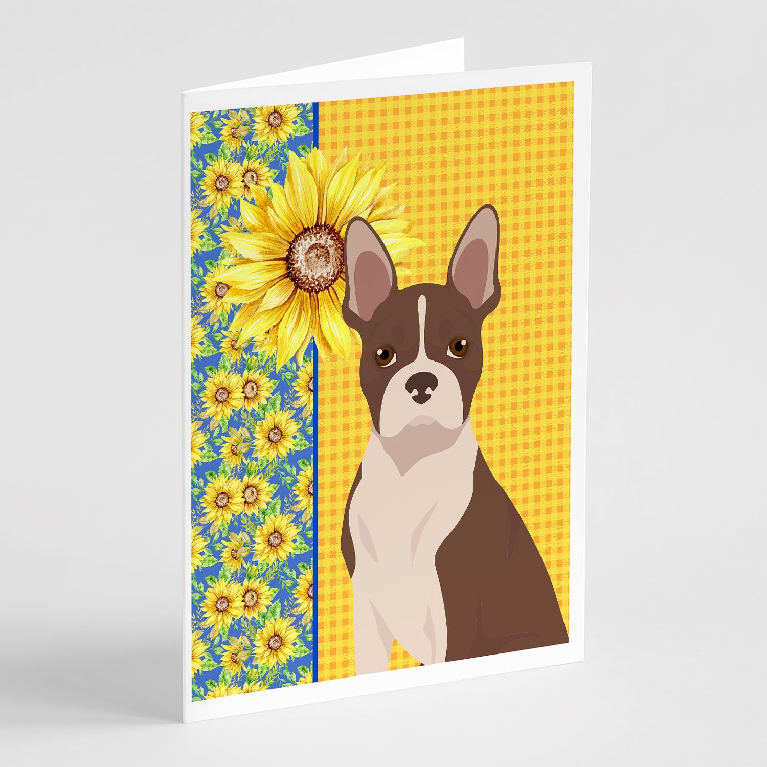 Summer Sunflowers Red Boston Terrier Greeting Cards Pack of 8 Blank Cards with Envelopes Whimsical A7 Size 5x7