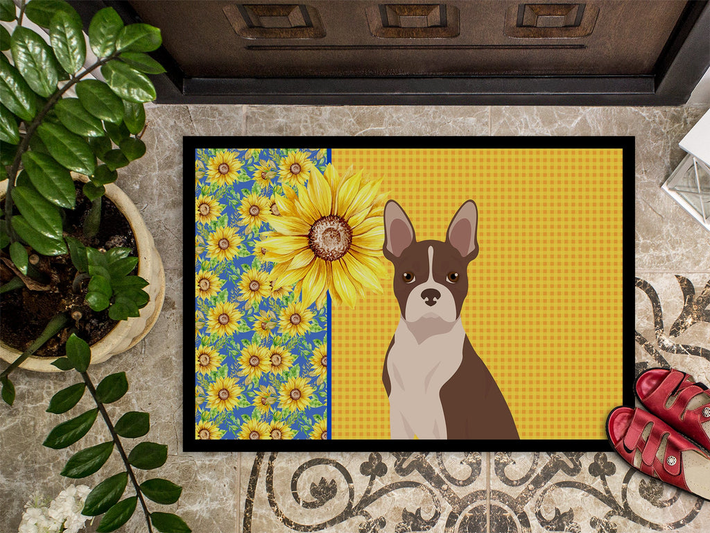 Summer Sunflowers Red Boston Terrier Doormat Indoor Outdoor 24H X 36W Front Door Mat Rugs for Entryway, Non Slip Washable Low Pile,
