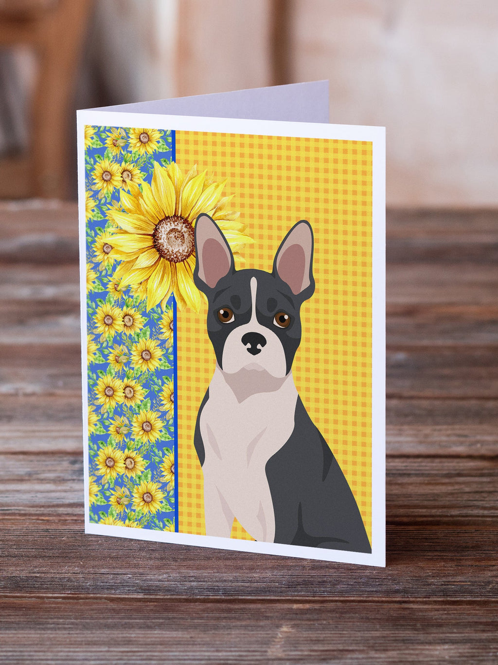 Summer Sunflowers Black Boston Terrier Greeting Cards Pack of 8 Blank Cards with Envelopes Whimsical A7 Size 5x7
