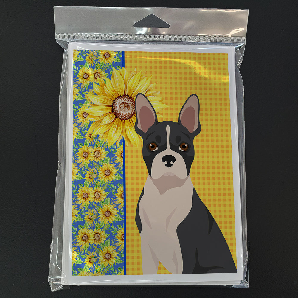 Summer Sunflowers Black Boston Terrier Greeting Cards Pack of 8 Blank Cards with Envelopes Whimsical A7 Size 5x7