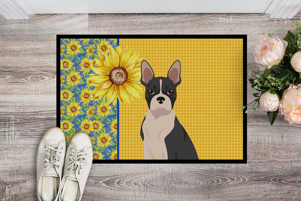 Summer Sunflowers Black Boston Terrier Doormat Indoor Outdoor 24H X 36W Front Door Mat Rugs for Entryway, Non Slip Washable Low Pile,
