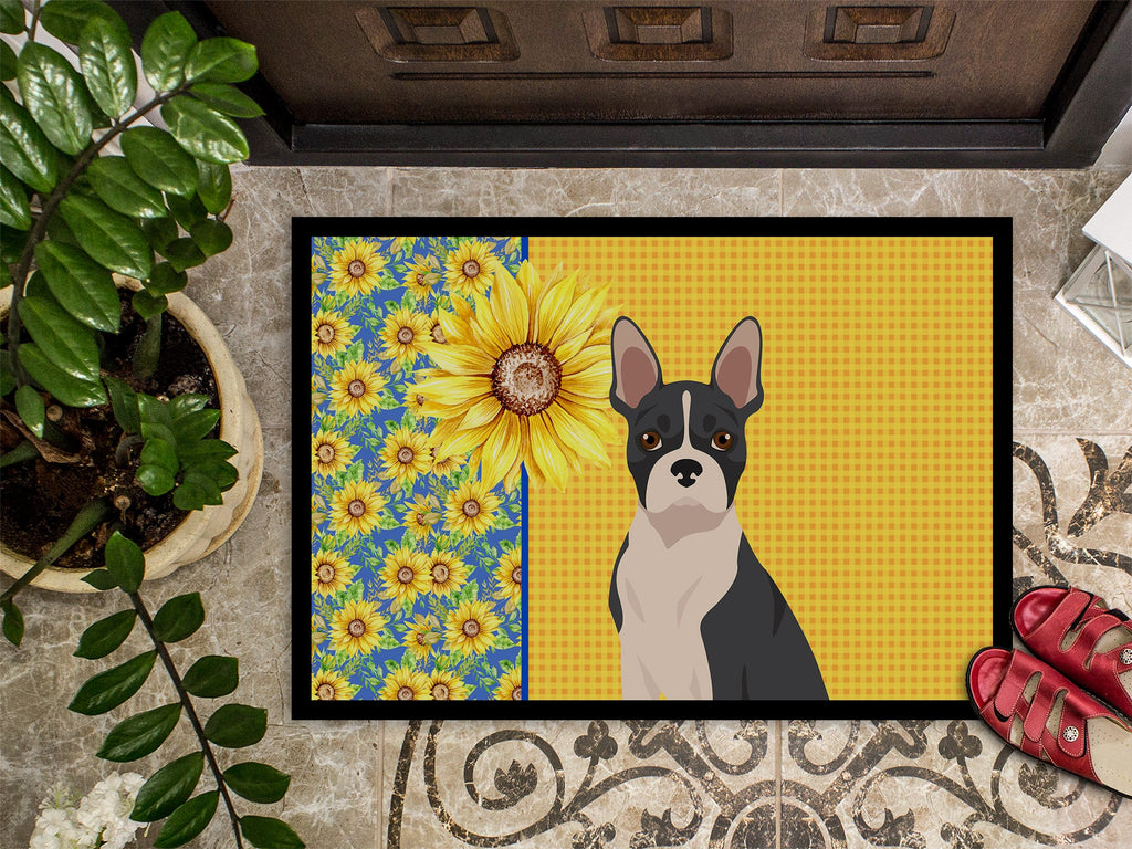 Summer Sunflowers Black Boston Terrier Doormat Indoor Outdoor 18H X 27W Front Door Mat Rugs for Entryway, Non Slip Washable