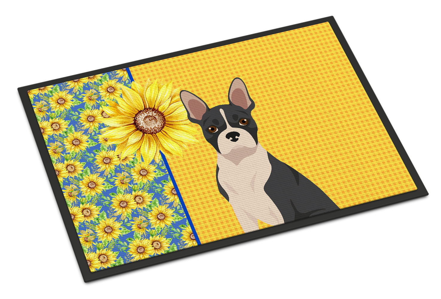 Summer Sunflowers Black Boston Terrier Doormat Indoor Outdoor 18H X 27W Front Door Mat Rugs for Entryway, Non Slip Washable