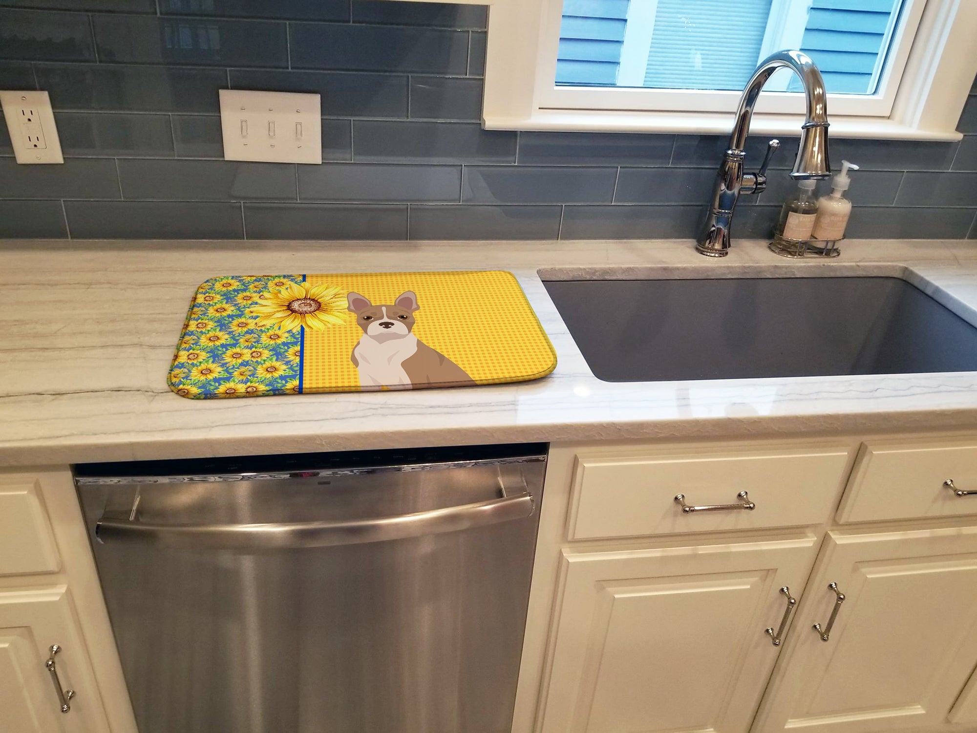 Summer Sunflowers Fawn Boston Terrier Dish Drying Mat Absorbent Dish Drying Mat Pad for Kitchen Counter Dish Drainer Mat for Countertop, 14 x 21", Multicolor