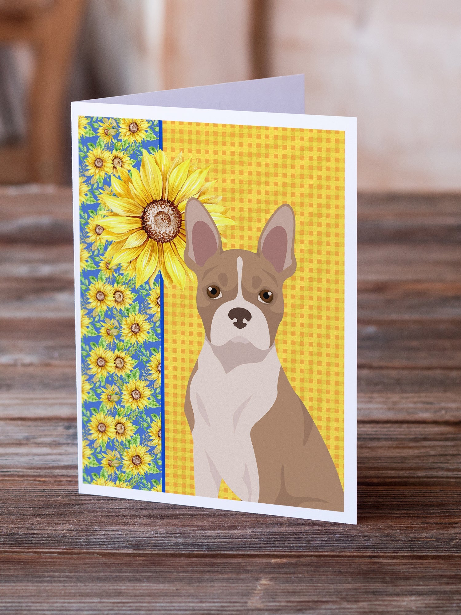 Summer Sunflowers Fawn Boston Terrier Greeting Cards Pack of 8 Blank Cards with Envelopes Whimsical A7 Size 5x7