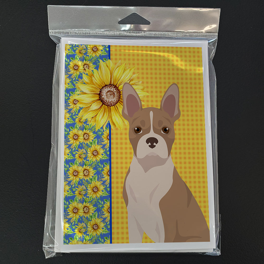 Summer Sunflowers Fawn Boston Terrier Greeting Cards Pack of 8 Blank Cards with Envelopes Whimsical A7 Size 5x7