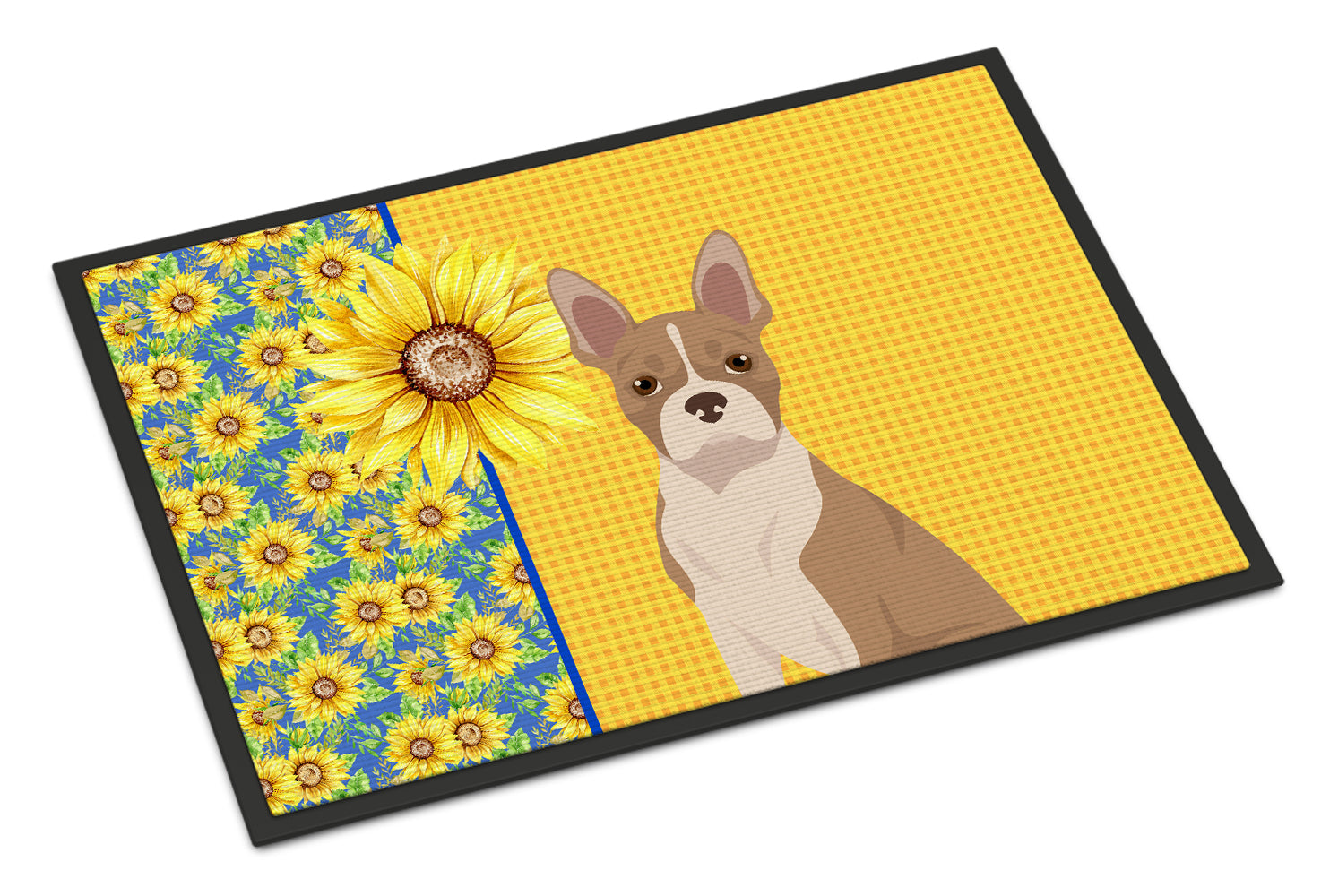 Summer Sunflowers Fawn Boston Terrier Doormat Indoor Outdoor 24H X 36W Front Door Mat Rugs for Entryway, Non Slip Washable Low Pile,