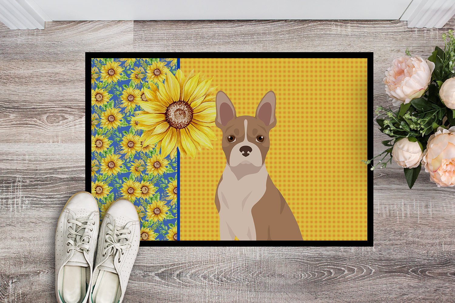 Summer Sunflowers Fawn Boston Terrier Doormat Indoor Outdoor 18H X 27W Front Door Mat Rugs for Entryway, Non Slip Washable