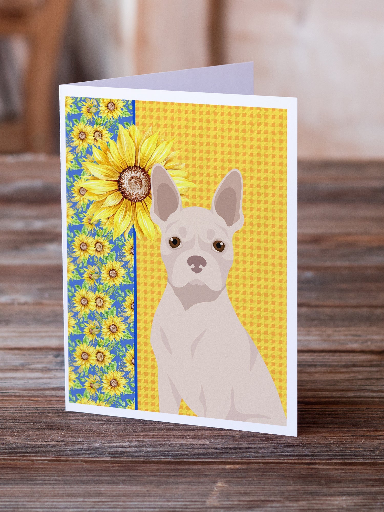 Summer Sunflowers White Boston Terrier Greeting Cards Pack of 8 Blank Cards with Envelopes Whimsical A7 Size 5x7