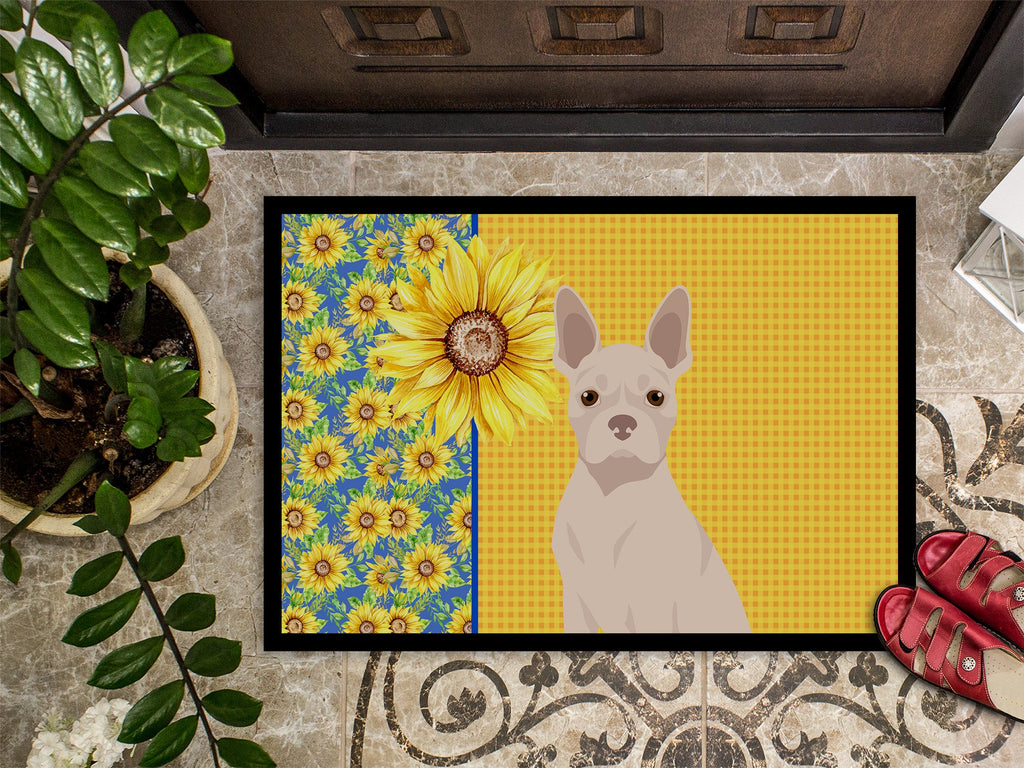 Summer Sunflowers White Boston Terrier Doormat Indoor Outdoor 24H X 36W Front Door Mat Rugs for Entryway, Non Slip Washable Low Pile,