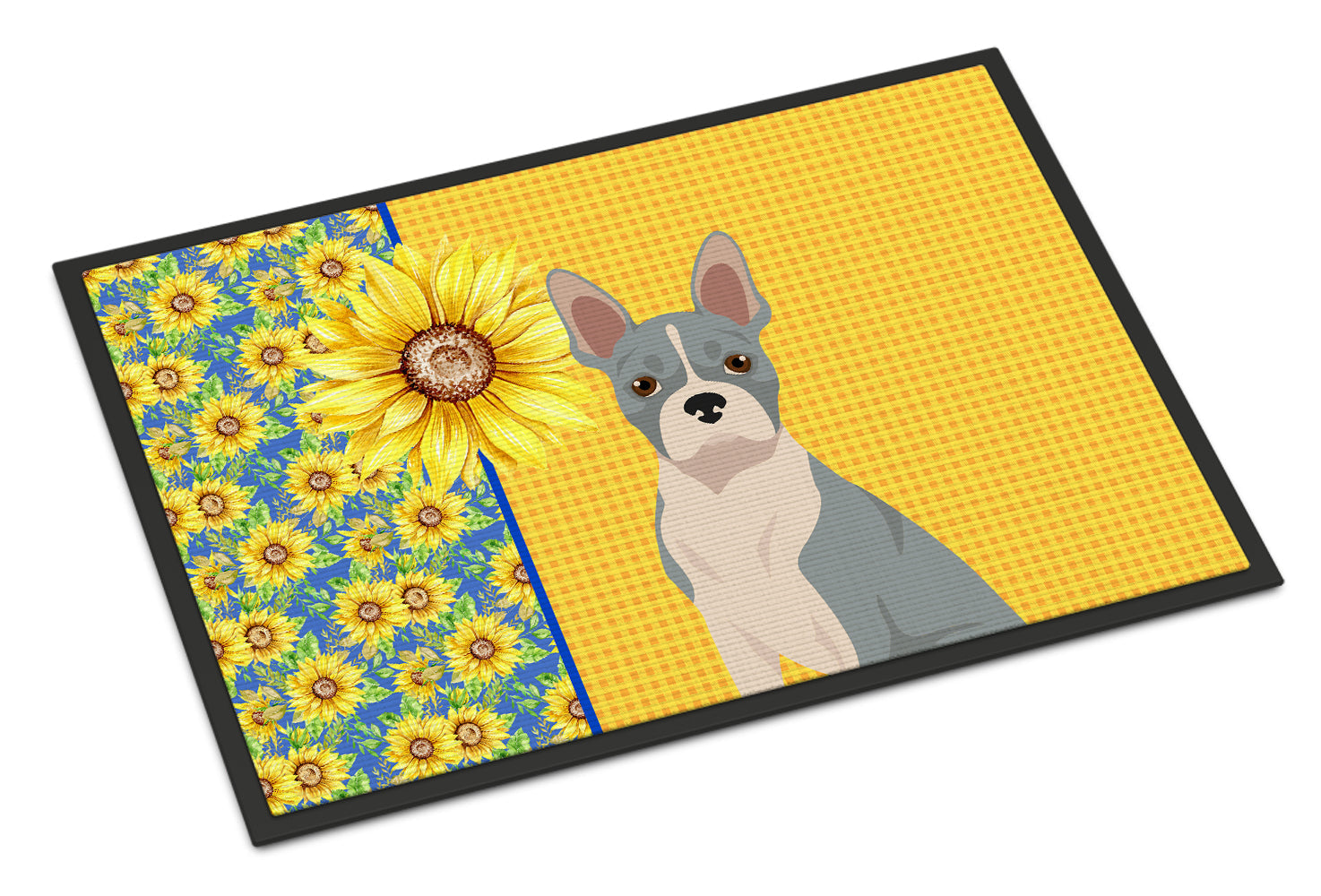 Summer Sunflowers Blue Boston Terrier Doormat Indoor Outdoor 24H X 36W Front Door Mat Rugs for Entryway, Non Slip Washable Low Pile,
