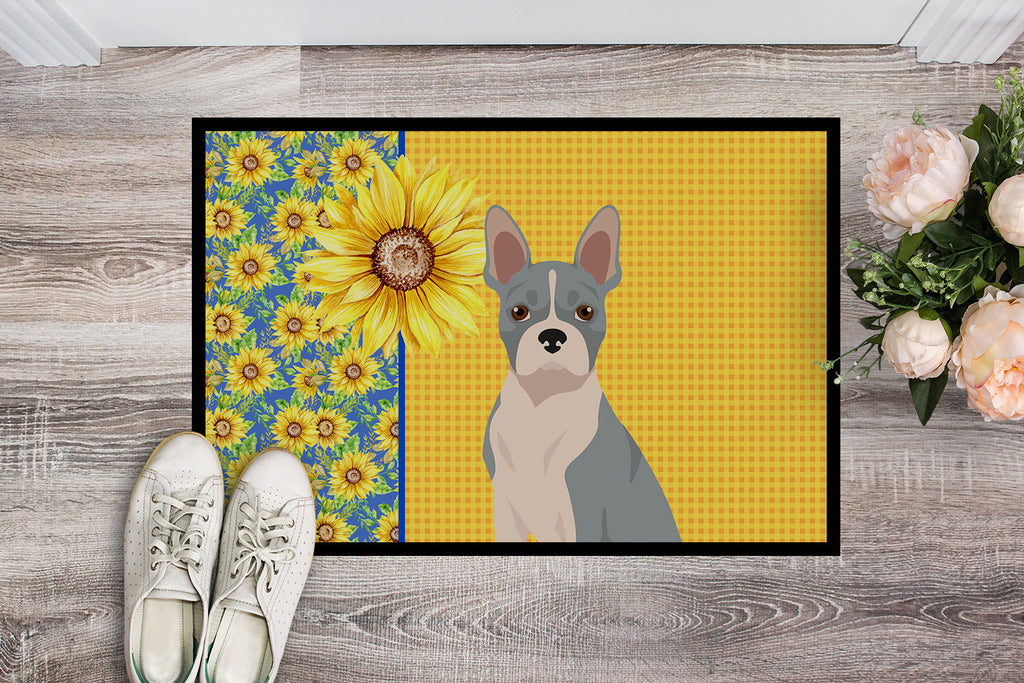 Summer Sunflowers Blue Boston Terrier Doormat Indoor Outdoor 18H X 27W Front Door Mat Rugs for Entryway, Non Slip Washable