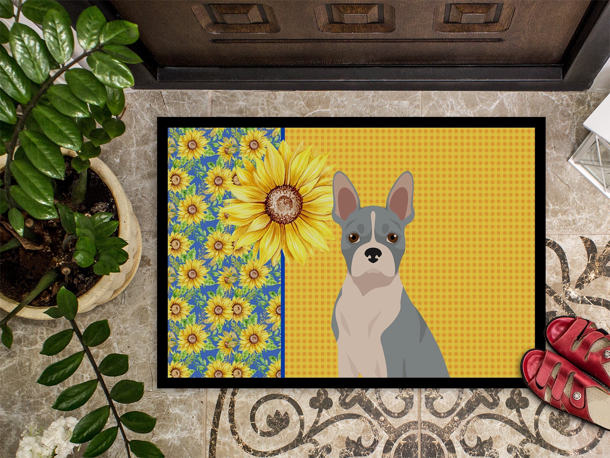 Summer Sunflowers Blue Boston Terrier Doormat Indoor Outdoor 18H X 27W Front Door Mat Rugs for Entryway, Non Slip Washable